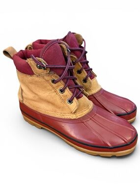 Lands' End Women's 9M Waterproof Duck Boots Burgundy Maroon Tan Leather Lace Up